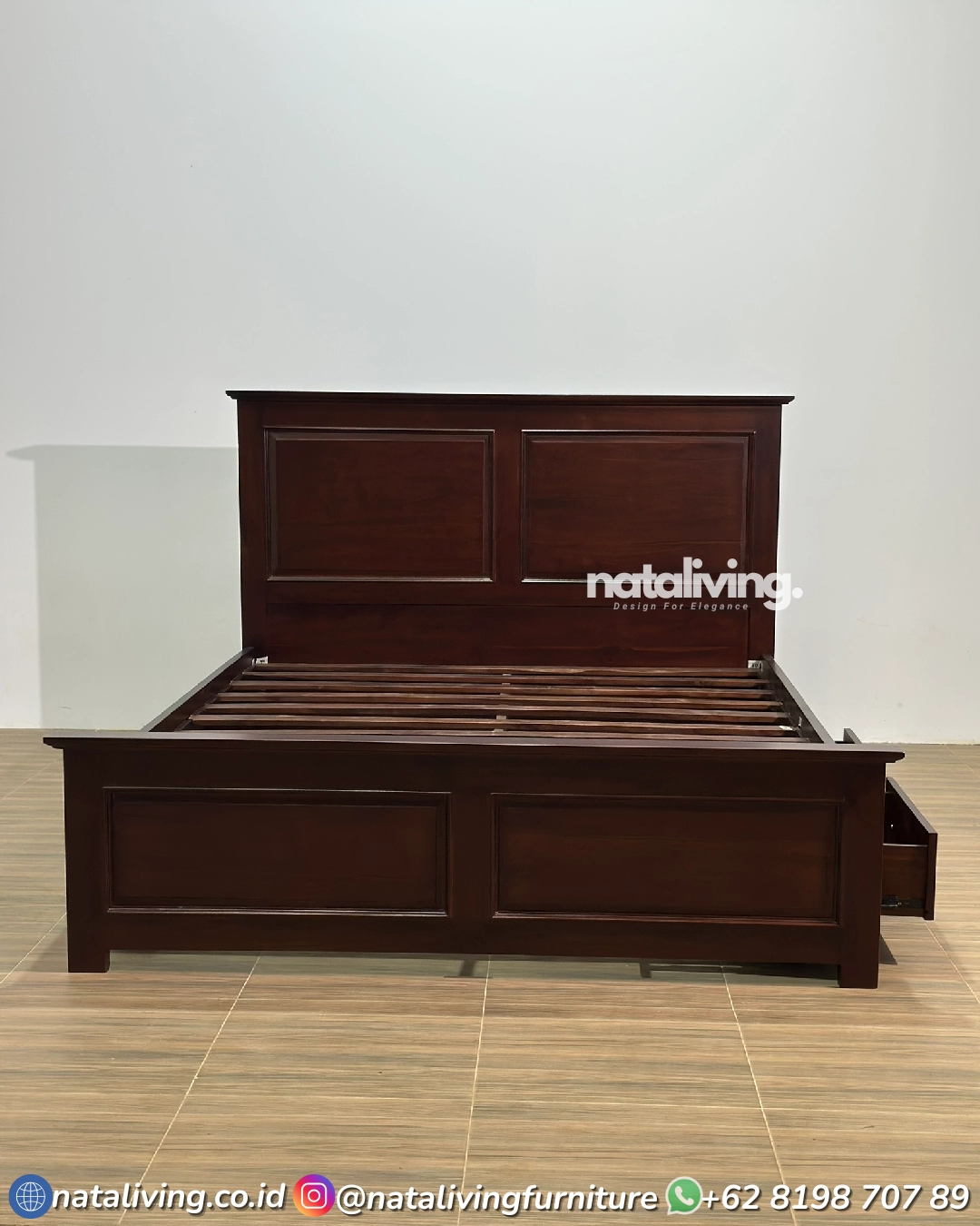 Nirwana Dipan Jati – Tempat Tidur Jati Minimalis Laci Cokelat Tua Dipan Panel Jepara 160x200 - Image 3