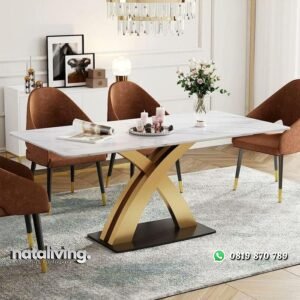 Meja makan kaki besi gold kombinasi hitam meja makam marmer elegan nataliving furniture