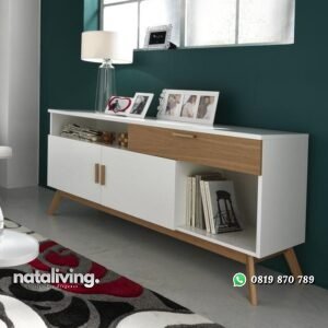 Bufet minimalis duco kombinasi natural rak buku terbaru nataliving furniture