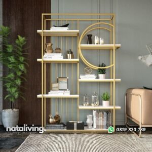 Rak buku besi finishing gold kombinasi marmer partisi terbaru nataliving furniture