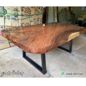 Meja makan trambesi oval finishing resin kaki stainles hitam nataliving furniture