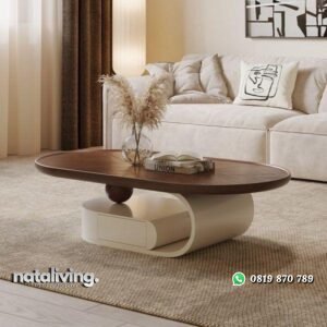Coffe table oval modern finishing kombinasi duco putih meja sofa kekinian nataliving furniture