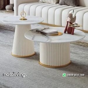 Meja tamu salur bundar duco putih top marmer nataliving furniture
