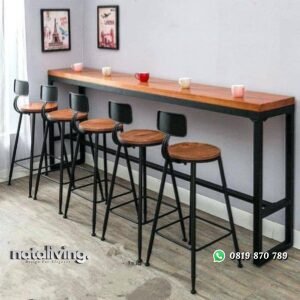 Set Meja bar rangka besi atas kayu jati kursi bar besi terbaru nataliving furniture