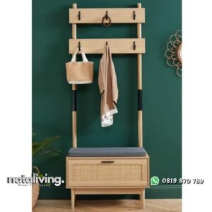 Rak gantungan baju kayu jati kombinasi rotan bench dudukan busa nataliving furniture
