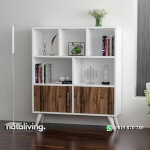 Rak buku retro putih kombinasi natural rak buku terlaris nataliving furniture
