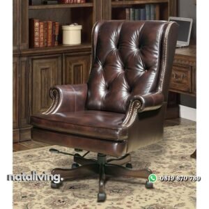 Kursi kantor kayu jati kombinasi jok kulit asli kursi kerja hidrolik nataliving furniture