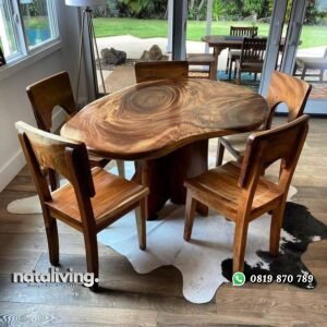 Meja makan bundar kayu trambesi solid kursi makan terbaru elegan nataliving furniture