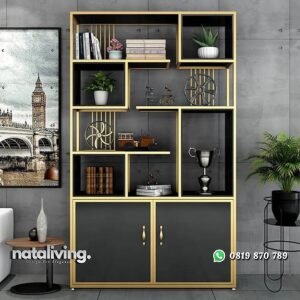 Rak buku besi gold kombinasi kayu jati partisi terbaik nataliving furniture