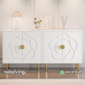 Bufet terbaru duco putih penyimpan kaki stainles gold nataliving furniture