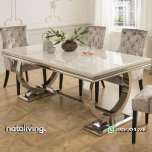 Set meja makan stainless top marmer kursi makan modern elegan nataliving furniture