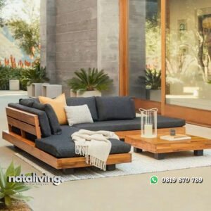 Set sofa sudut outdoor terbaru kayu jati sofa dengan bantalan tebal nataliving furniture
