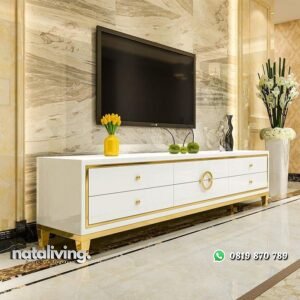 Bufet tv duco kaki stainless gold credenzia modern terbaru nataliving furniture