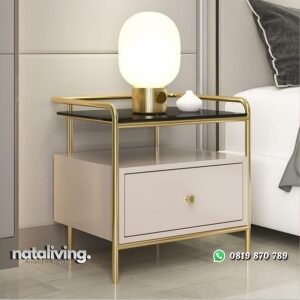 Nakas terbaru rangka besi finishing gold top kaca hitam nataliving furniture