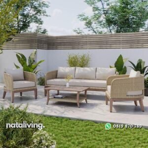 Sofa rotan outdoor kayu jati kombinasi rotan sintetis dengan bantalan nataliving furniture