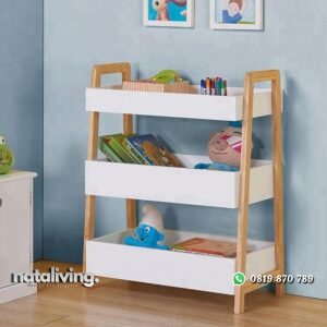 Rak buku minimalis kayu jati finishing natural kombinasi duco putih nataliving furniture