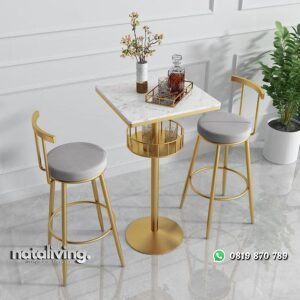 Set meja bar dan kursi bar besi finishing gold top meja marmer nataliving furniture