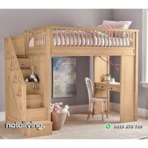 Dipan anak tangga terbaru kombinasi meja belajar tempat tidur anak susun kayu jati nataliving furniture
