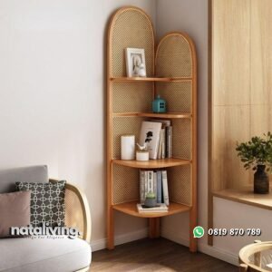 Rak pojok kayu jati kombinasi rotan alami rak buku terbaru nataliving furniture