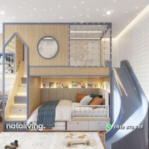 Bunkbed anak tingkat dengan prosotan besar dipan anak mewah terbaru nataliving furniture
