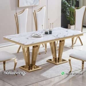 Meja makan mewah kaki stainless gold modern top marmer white carara nataliving furniture