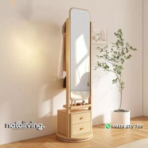 Cermin berdiri model putar miror kayu jati dengan laci warna bleacing nataliving furniture