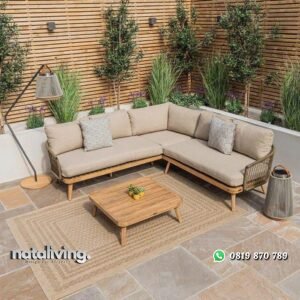 Sofa sudut kayu jati kombinasi rotan sintetis full bantalan sofa outdoor modern nataliving furniture