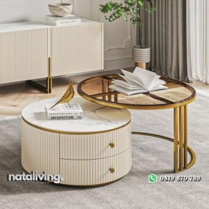 Coffe table modern salur kaki besi meja tamu top kaca kombinasi marmer nataliving furniture