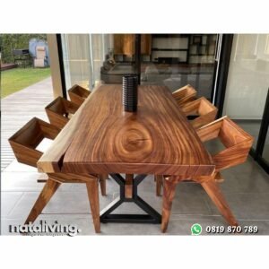 Set meja makan trambesi top kotak kaki besi kursi makan unik nataliving furniture