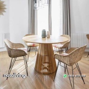 Set meja makan bundar kaki jari-jari kursi makan rotan alami nataliving furniture