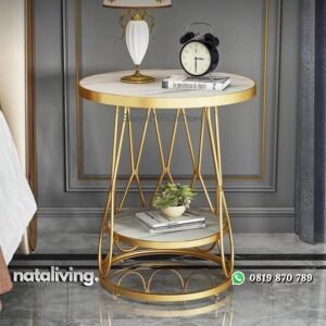 Meja bundar kecil besi finishing gold top marmer double nataliving furniture