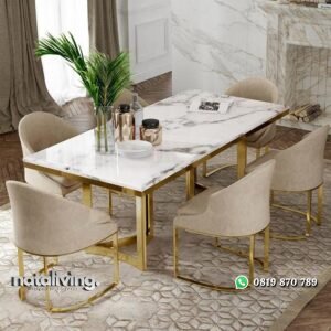 Set meja makan stainless gold top marmer kursi makan stainless modern nataliving furniture