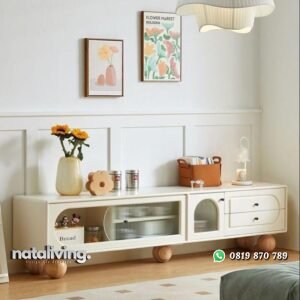 Bufet tv serbaguna finishing duco putih meja tv kayu jati elegan dengan kaca nataliving furniture