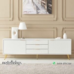Credenza tv salur finishing duco kaki stainless gold top marmer nataliving furniture