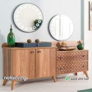 Bufet konsol dengan cermin bundar meja konsol modern nataliving furniture
