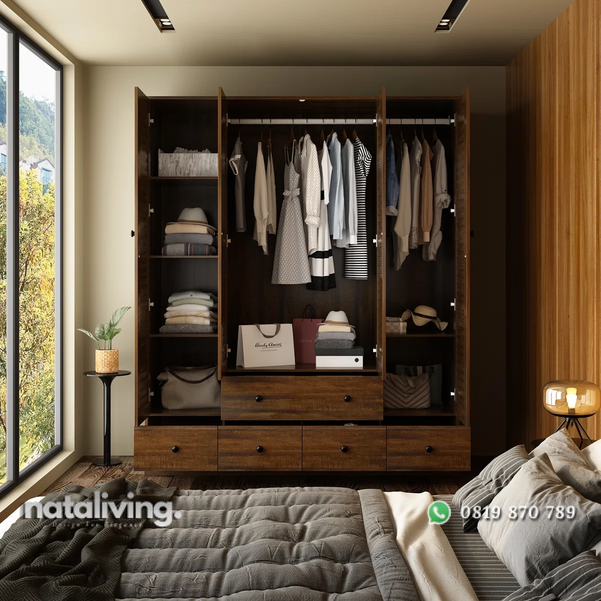 Ardith Lemari Pakaian Multifungsi 4 Pintu Kayu Jati Minimalis nataliving furniture 2 Ardith Lemari Pakaian Multifungsi 4 Pintu Kayu Jati Minimalis nataliving furniture 2