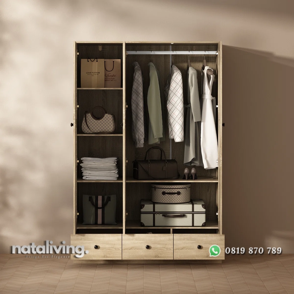 Zannery Lemari Pakaian Bleaching 3 Pintu Berlaci Kayu Jati nataliving furniture 2 Zannery Lemari Pakaian Bleaching 3 Pintu Berlaci Kayu Jati nataliving furniture 2