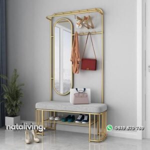 Gantungan baju besi finishing gold dengan bench cermin berdiri elegan nataliving furniture