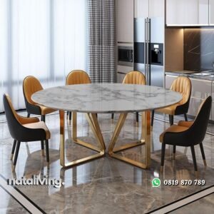 Set meja makan bundar stainless gold top marmer meja makan terbaik nataliving furniture