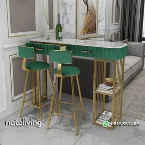 Set meja bar panjang kaki besi kombinasi jok top marmer bar stool new nataliving furniture