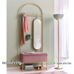 Gantungan baju besi finishing gold dengan cermin bench modern besi nataliving furniture