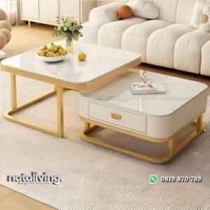 Coffe table dengan laci top marmer meja tamu terbaru kaki besi nataliving furniture