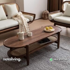 Meja tamu oval kayu jati ambalan kombinasi rotan alami nataliving furniture