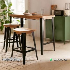 Set meja bar modern besi kombinasi kayu jati dudukan lengkung nataliving furniture