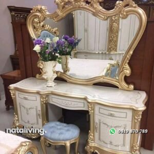 Meja Rias ukir terbaru finishing emas kombinasi putih nataliving furniture