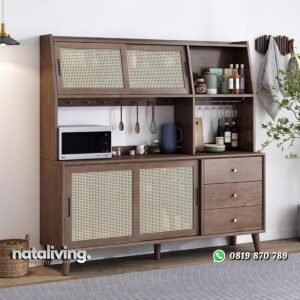 Bufet dapur kayu jati kombinasi rotan lemari dapur terbaik nataliving furniture