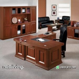Meja kerja terbaru finishing natural meja kerja L pintu samping nataliving furniture