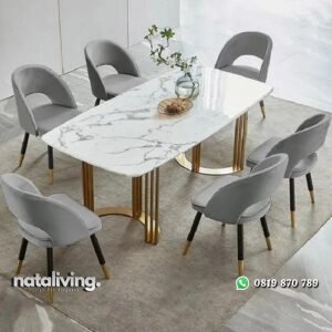 Set meja makan top marmer terbaik kaki meja stainless gold kursi makan nataliving furniture