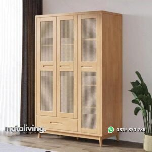 Almari pintu rotan kayu jati lemari baju warna natural nataliving furniture