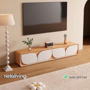 Meja tv panjang warna finishing muda kombinasi duco putih bufet tv terbaru nataliving furniture